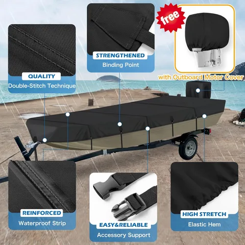 Vista 2 de Solim Funda para Barco Jon de 14 Pies con Cubierta para Motor, 1200D PU Impermeable Cubierta de Amarre de Servicio Pesado, Lona de Poliéster