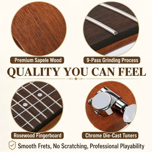 Vista 5 de Ranch - Ukulele profesional, de madera, kit de ukelele con 12 lecciones en línea gratis 15% Longer Sustain, Warmer Woodier Tone, Sapele &