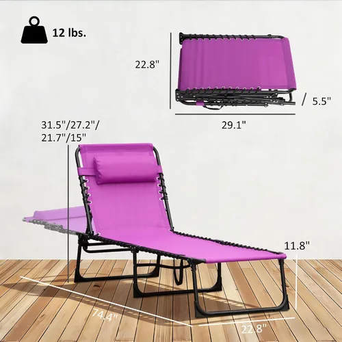 Vista 3 de Folding Chaise Lounge Chair with 4-Position Reclining Back, Purple