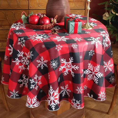 Vista 8 de Mantel de Navidad de vinilo con reverso de franela, rectangular, 52 x 70 pulgadas, patrón de bolas de Navidad, 100% impermeable, mantel de plástico