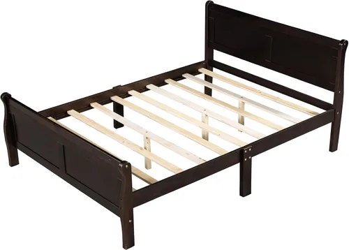 Vista 9 de Cama de plataforma de madera maciza tamaño Queen con cabecera y estribo de trineo, base de cama de plataforma Queen de madera con almacenamiento