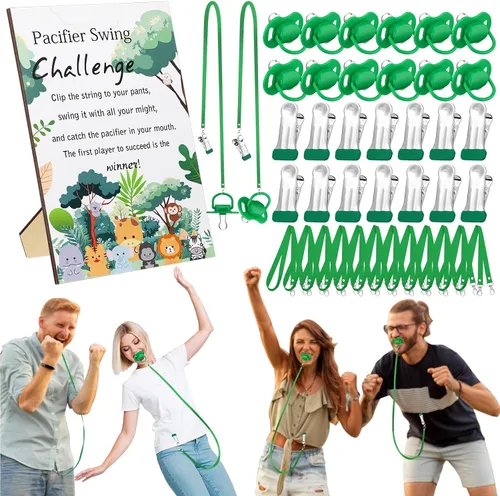 Vista 23 de Geelin Juego de 12 juegos de chupete con columpio para baby shower, juegos divertidos de revelación de género, incluye 1 letrero de madera y 12