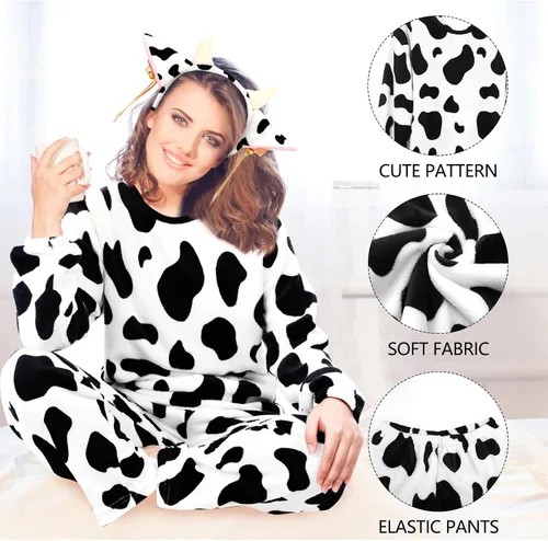 Vista 5 de Conjunto de disfraz de vaca de Halloween para mujer, pijama de vaca con orejas de vaca con colas de cuerno, gargantilla de campana, etiqueta