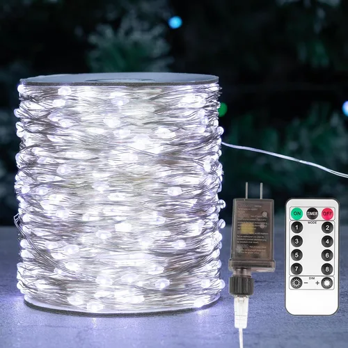 Vista 8 de Luces de Hadas Enchufables, Paquete de 2, 100 Pies, 300 LEDs, Luces de Cadena LED Impermeables, 8 Modos, Luz Parpadeante con Control Remoto