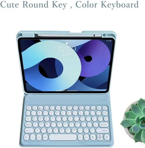 Vista 4 de Funda de teclado compatible con iPad de 9ª, 8ª y 7ª generación, Air 3ª generación Pro de 10.5, con mouse Bluetooth, tecla redonda, lindo teclado