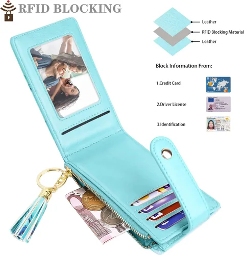 Vista 4 de Cartera delgada para mujer, con bloqueo RFID, de cuero, con múltiples tarjetas, con borla, bolsillo para monedas, Verde (Green Marble)