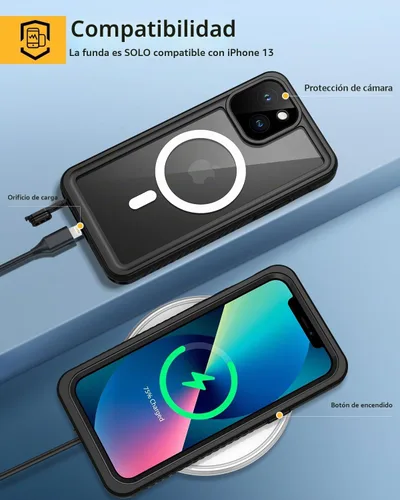 Vista 6 de Lanhiem Funda magnética para iPhone 13, impermeable, a prueba de polvo, a prueba de golpes, con protector de pantalla integrado compatible con Negro