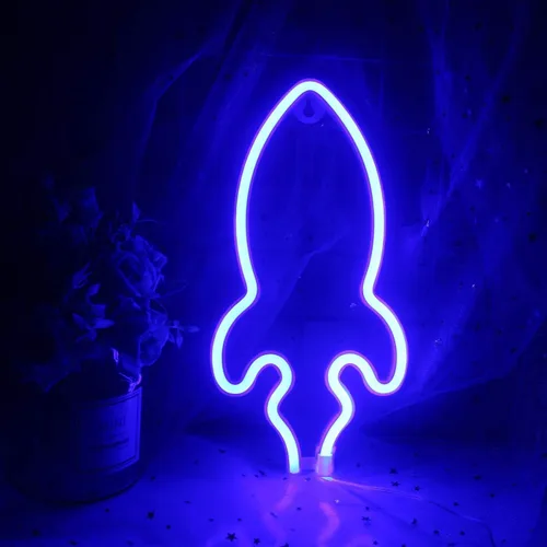 Vista 12 de Luces LED de neón, WONFAST Planet Rocket, letreros de neón acrílicos con pilas o USB, decoración de pared para habitación de niños, Navidad Azul
