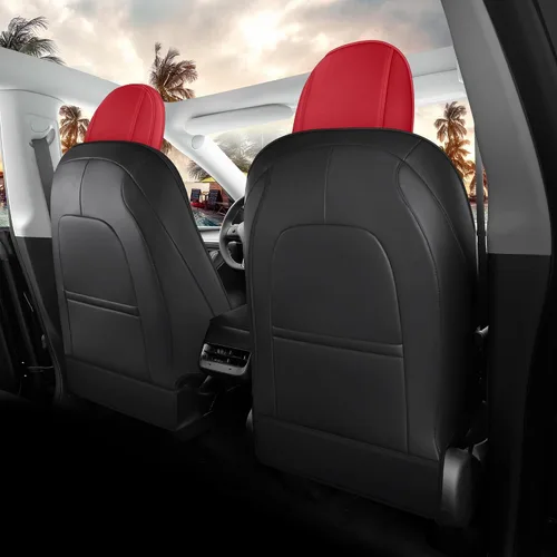 Vista 2 de Funda de asiento para Tesla Modelo Y 2020-2024, impermeable, de piel de napa totalmente envuelta (TY-rojo + negro)