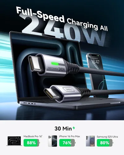 Vista 2 de INIU Paquete de 2 cargadores tipo C de 30 W de carga rápida y cable INIU USB C a USB C (6.6 pies + 6.6 pies), cable de carga rápida tipo C de 240 W