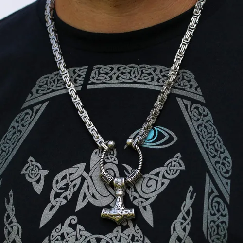 Vista 4 de VikingsBrand - Collar de cadena para hombre con colgante de Mjolnir y dos cuentas de estilo rústico
