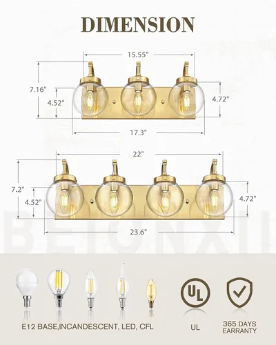 Vista 4 de Beionxii BX-VL03BG-3CG - Lámpara de tocador de baño de 3 luces de oro cepillado, modernas luces de tocador con pantalla de vidrio transparente