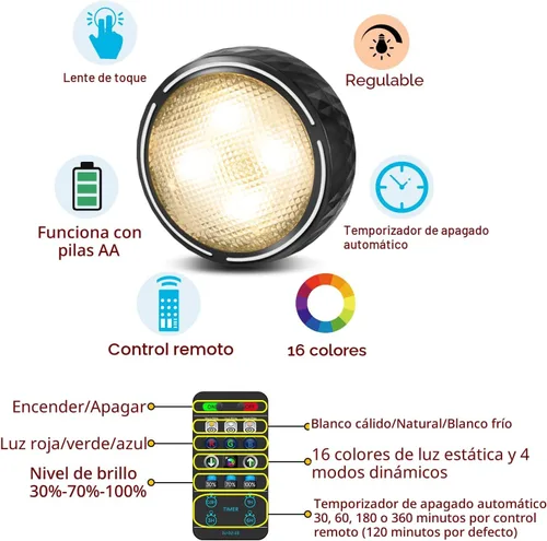 Vista 4 de Luces LED de disco con control remoto, luces inalámbricas de armario que funcionan con pilas, luces debajo del gabinete, luces de empuje, luces que