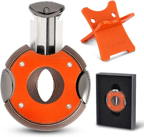 Vista 7 de KEENSUN Cortador de puros redondo G10 corte en V (azul), calibre de 60 anillos, diseño ergonómico con bloqueo seguro, juego de 2 unidades con caja
