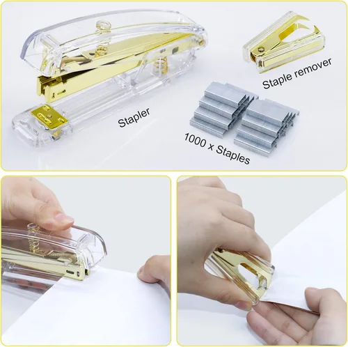 Vista 7 de BOMEI PACK Kit de accesorios de escritorio, grapadora y removedor de grapas con 1000 grapas, dispensador de cinta con 1 rollo de cinta transparente