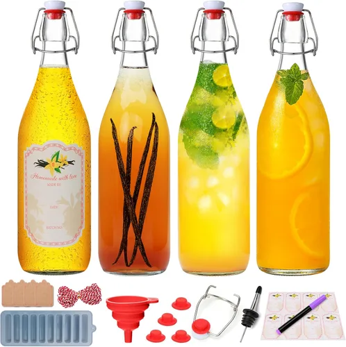 Vista 11 de Paquete de 12 botellas de vidrio con tapa abatible de 4 onzas con tapas herméticas, botellas de vidrio con tapa abatible para elaboración casera
