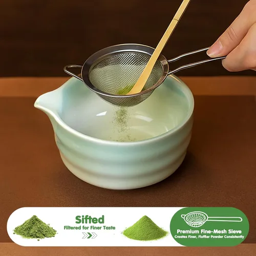 Vista 2 de Juego de batidor de matcha, 7 piezas de batidor de cerámica matcha, cuenco con boquilla, soporte, tamiz inoxidable, cuchara de bambú y toalla de té