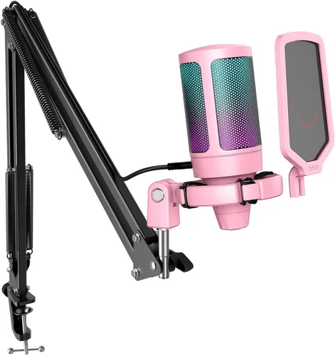 Vista 11 de FIFINE Gaming PC USB Microphone, Podcast Condenser Mic with Boom Arm, Pop Filter, Mute Button for Streaming, Twitch, Online Chat, RGB Computer Mic