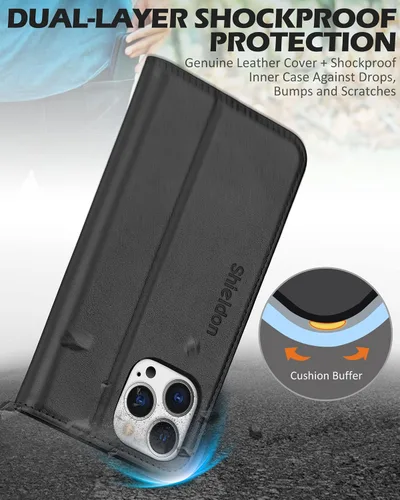 Vista 6 de SHIELDON Funda para iPhone 13 Pro 5G, funda de piel auténtica tipo cartera con bloqueo RFID, tarjetero de crédito, soporte magnético a prueba