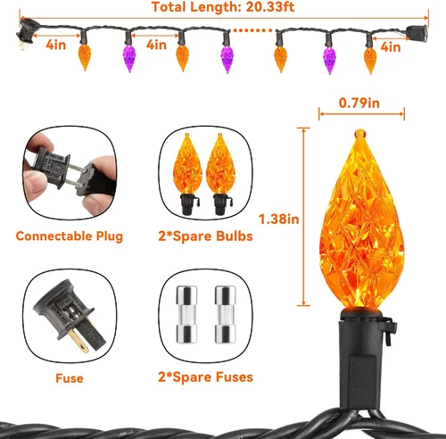 Vista 6 de ODEETRONIC Luces de Halloween naranjas y moradas, 19.68 pies, 60 luces LED conectables, 120 V, certificación UL, impermeable, para exteriores, luz