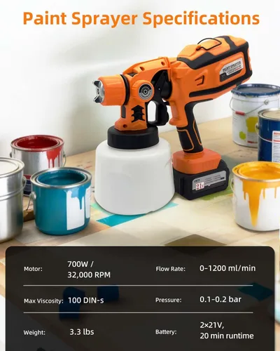 Vista 6 de Pulverizador de pintura HVLP inalámbrico - Motor de 650 W, recipiente desmontable de 47.3 fl oz, 6 boquillas de cobre, 3 patrones de pulverización