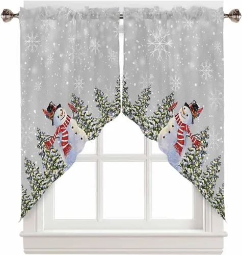Vista 26 de BEMIGO Cortinas de cocina de Navidad, lindas cortinas de granja con muñeco de nieve azul, cenefa con bolsillo para barra de copos de nieve