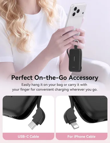 Vista 2 de RORRY CharmGo - Cargador portátil, 10000 mAh PD 30 W, cargador portátil de carga rápida con cables integrados, llavero de viaje para iPhone Negro