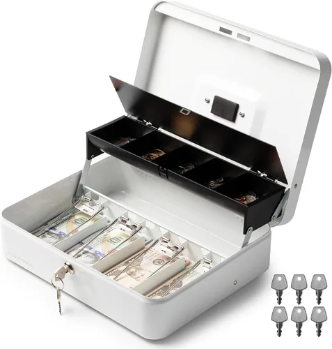 Vista 11 de Volcora Caja Grande de Dinero con Cerradura de Llave, Caja de Dinero de Metal para Efectivo, Caja de Seguridad con Cerradura Portátil y Bandeja