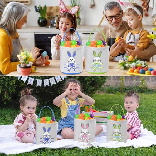 Vista 3 de Paquete de 2 cestas de Pascua personalizadas con asa, lona, azul
