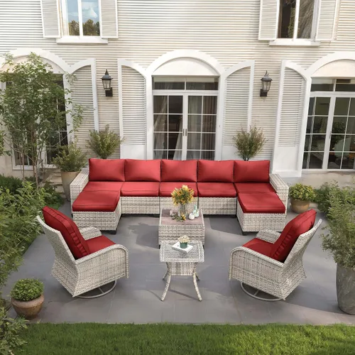 Vista 40 de Muebles de patio al aire libre conjunto PE mimbre ratán al aire libre sofá seccional Gris