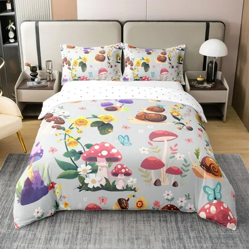 Vista 38 de jejeloiu Cute Mushroom Decor Duvet Cover 100% Cotton for Kids Boys Girls Twin Size Botanical Plants Bedding Set Cartoon Mushrooms Comforter Cover