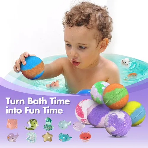 Vista 3 de Bombas de baño para niños con sorpresa en el interior, paquete de 32 bombas de baño para niños con juguetes de animales terrestres y marinos, bola