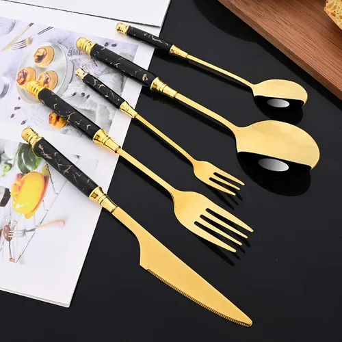 Vista 2 de JASHII Fancy Silverware - Juego de cubiertos de acero inoxidable dorado, juego de cubiertos de espejo, cuchillo y tenedor, cuchara, cucharadita
