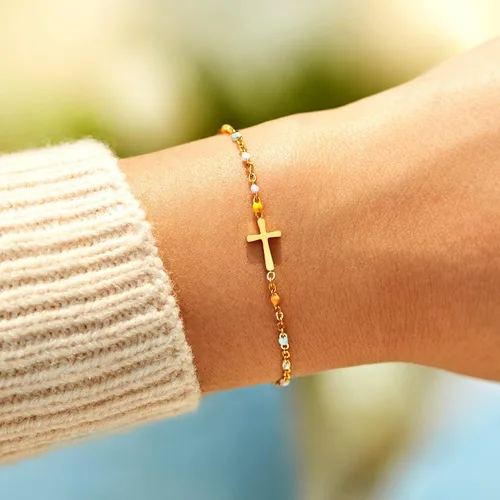 Vista 4 de STORYJEWELLERY Regalos religiosos y cristianos para mujeres, brazaletes con cruz, para bautismo, confirmación y Pascua, regalos para dar aliento a
