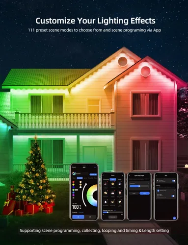 Vista 4 de APPECK Luces de exterior permanentes de 100 pies con 72 LEDs, modos de escena DIY, luces de cadena RGBW inteligentes impermeables, control por Negro