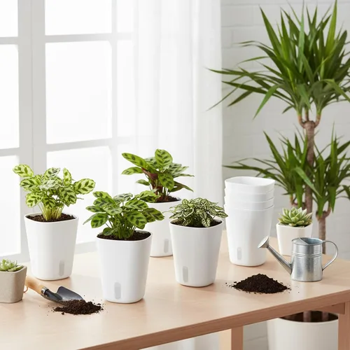 Vista 7 de 10 juegos de macetas de riego automático de 4 pulgadas para plantas de interior, macetas de plástico con riego automático con nivel visual de agua