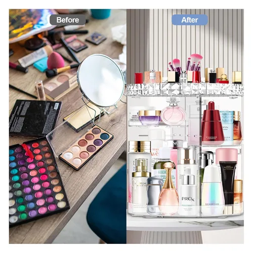 Vista 4 de Organizador de maquillaje giratorio de 360°, organizador de maquillaje ajustable DIY, carrusel giratorio con gran capacidad, organizador