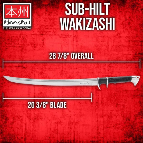 Vista 2 de HONSHU Sub-Hilt Wakizashi - Espada y funda Hoja de acero de alto carbono 1060 Mango TPR y protector de acero al carbono Funda de madera