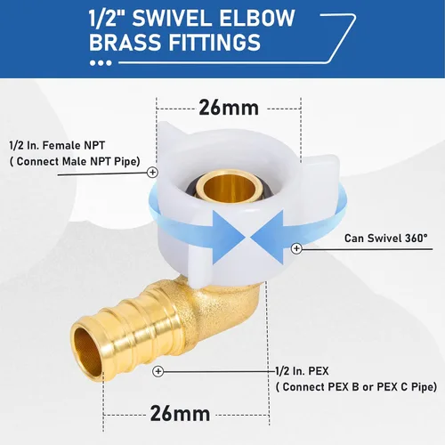 Vista 2 de PEX 1/2 "x 1/2" NPT Codo giratorio roscado hembra NPSM accesorios de latón para crimpado, accesorios Pex 1/2 pulgada 90 grados giratorio hembra