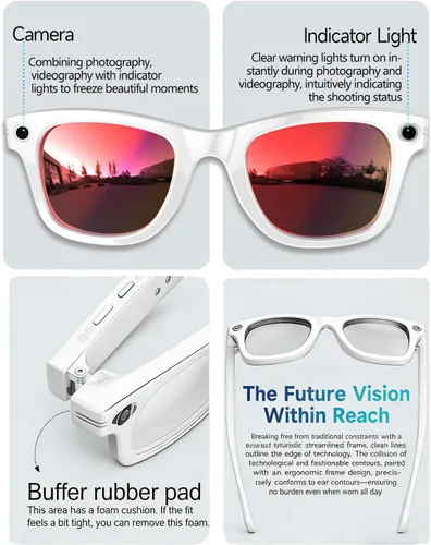 Vista 5 de Lentes inteligentes AI con cámara, gafas de cámara HD de 8 MP, 1080P de grabación de audio y video, gafas Bluetooth, asistente de voz, traducción