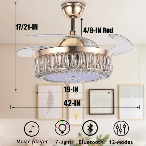 Vista 9 de Ventilador de techo de cristal moderno de 42 pulgadas con control remoto retráctil inteligente Bluetooth dorado con 7 luces RGB regulables