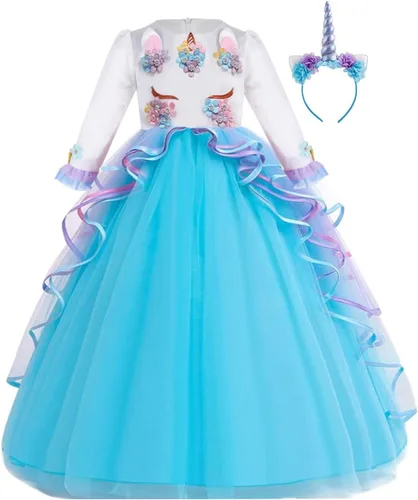 Vista 15 de REXREII Vestido largo de tul de manga larga para niñas con diadema, disfraz de Halloween, princesa, cumpleaños, Navidad, baile