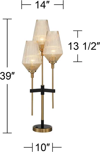 Vista 4 de Possini Euro Design Axiom - Moderna lámpara de mesa para consola de 39 pulgadas de alto, latón dorado y negro, pantalla de vidrio acanalado champán