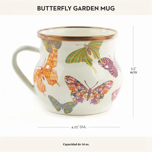 Vista 4 de MACKENZIE-CHILDS - Taza esmaltada, 16 onzas, jardín de mariposas Butterfly Garden