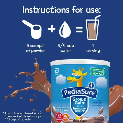 Vista 4 de PediaSure Grow & Gain con apoyo inmunológico, polvo para mezcla de batido, 23 vitaminas y minerales, 6g de proteína, sin OMG, sin gluten, sabor a