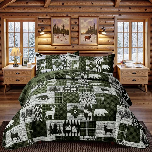 Vista 19 de Juego de 3 piezas de colcha tamaño King para cabaña, reversible, navideño, rústico, de microfibra, suave, ligera, de granja, con 2 fundas de 2-Oso