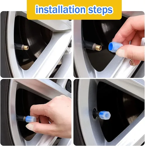 Vista 5 de Tapones de vástago de válvula de neumático para automóvil, 5 tapas fluorescentes para vástagos de válvula, cubierta de tapones de aire para Azul