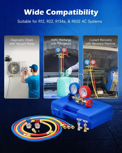 Vista 3 de Orion Motor Tech Medidores de CA, juego de manómetros de CA para R134a R12 R22 R502, juego de 3 vías de calibre CA automotriz con calibradores