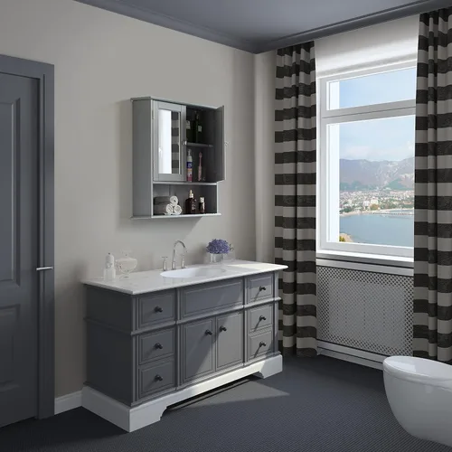 Vista 2 de Basicwise Espejo gris montado en la pared baño y tocador con estantes ajustables, gris, (QI004020.GY)