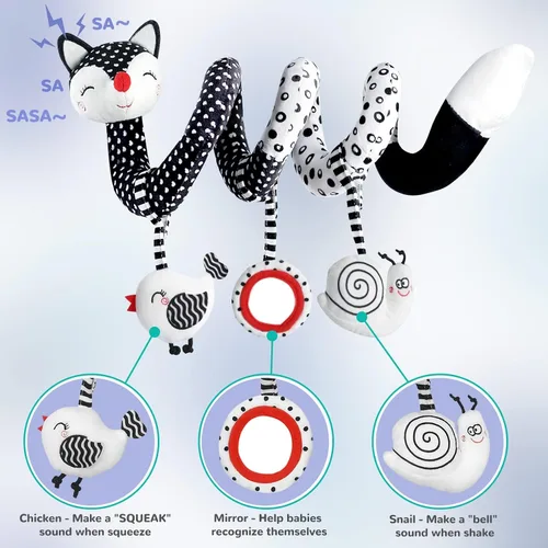 Vista 2 de XIXILAND Juguetes de peluche en espiral para bebé, juguetes de asiento de coche en blanco y negro, juguete de alto contraste para bebés recién